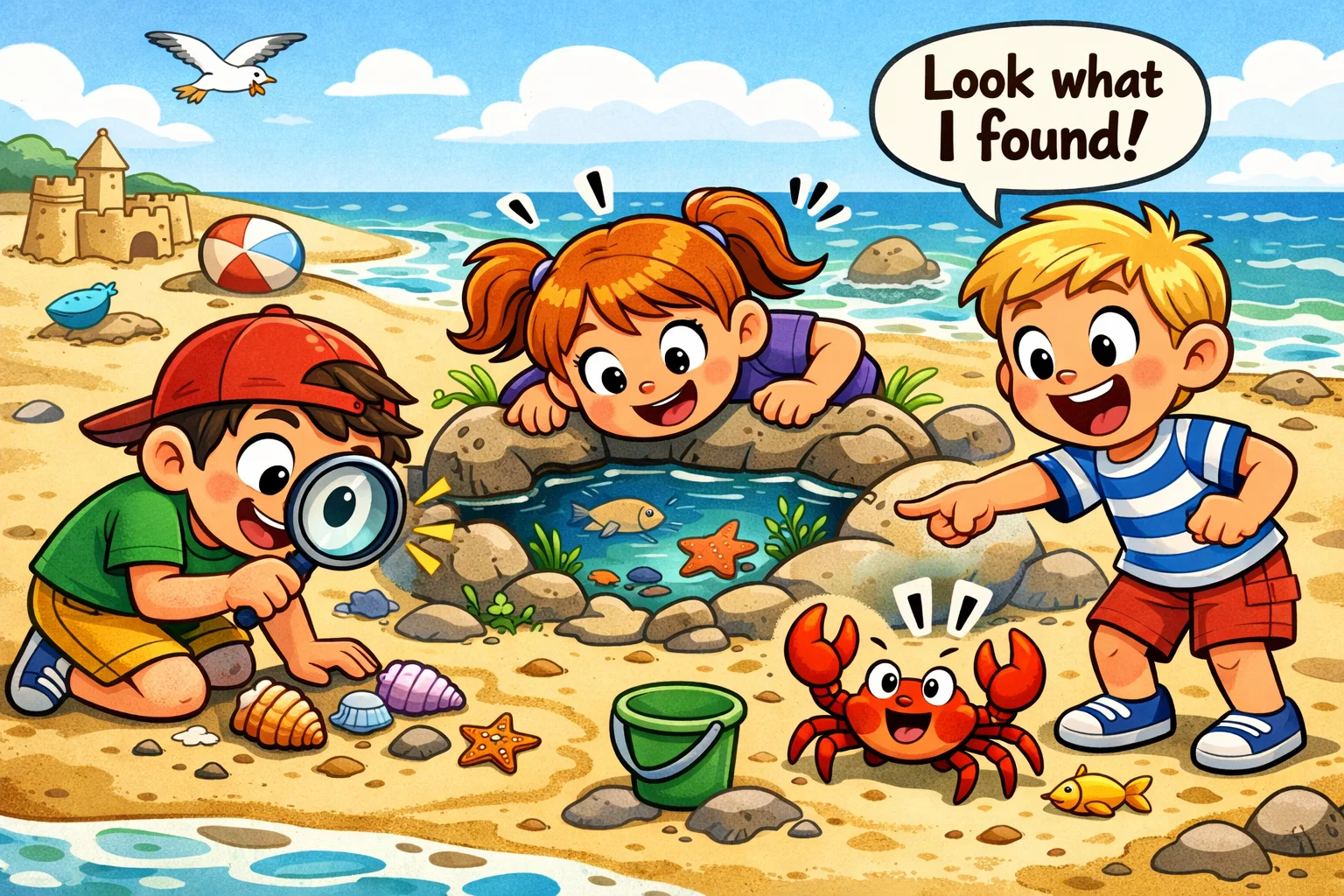 Beach exploration activities for kids searching shells and exploring rockpools together.
