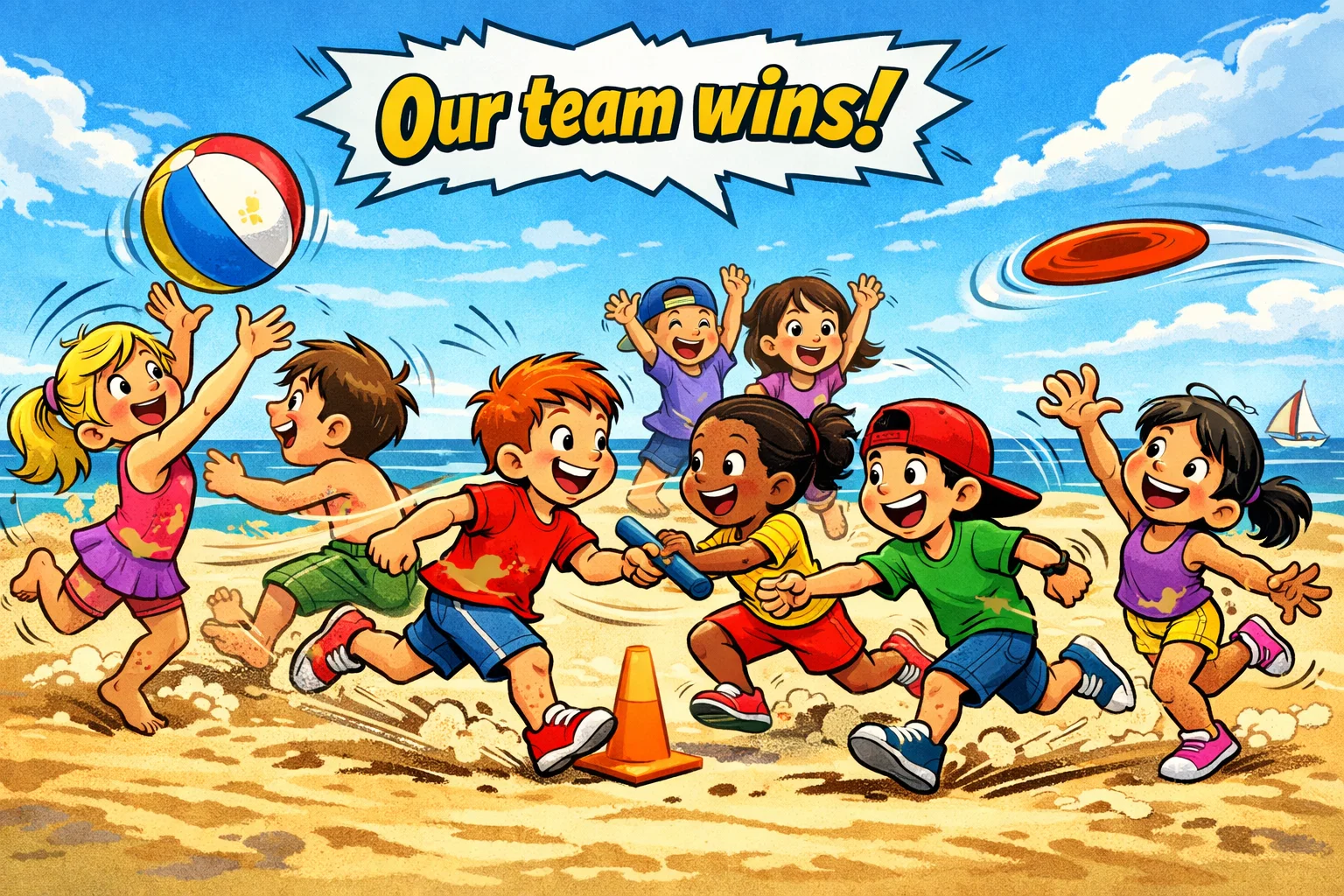  Beach games and group play with kids running, throwing balls, and having fun.
