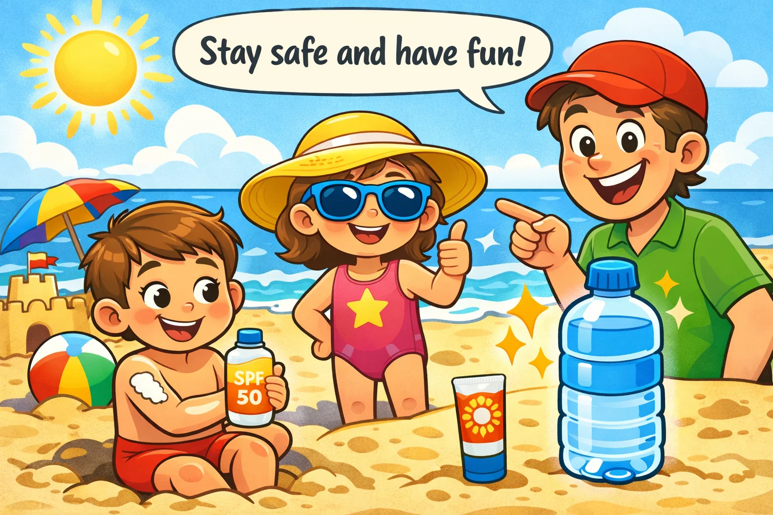  Beach safety and practical tips for kids using sunscreen, hats, and water bottles.
