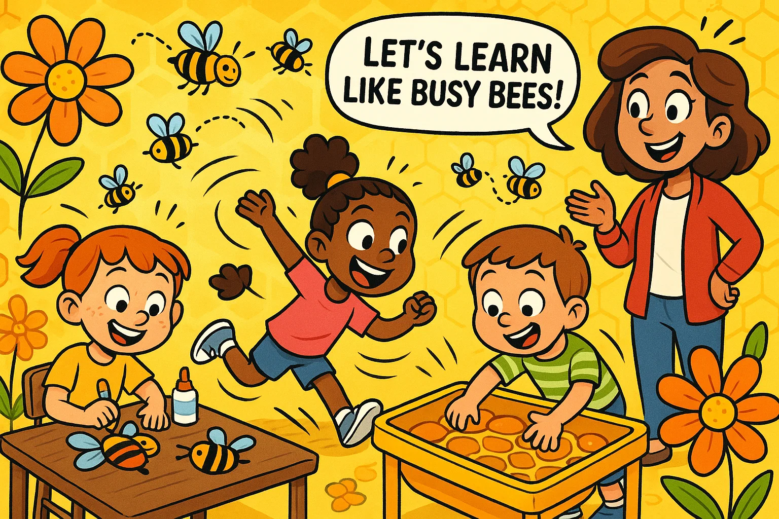 Playful bee activities for kids cartoon showing crafts, games and sensory learning.