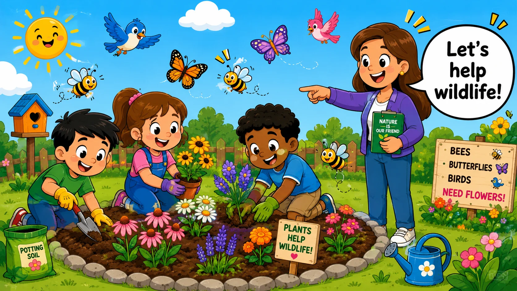 Bee activities for kids in a garden wildlife lesson with flowers and pollinators. 