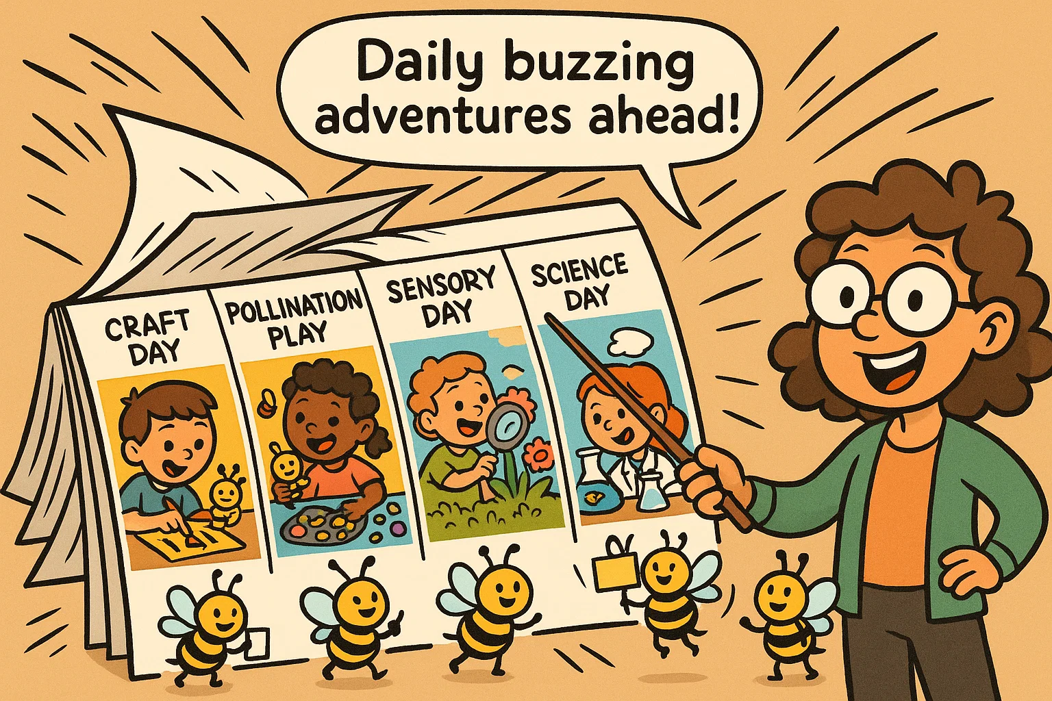 Bee activity plan for kids cartoon showing daily crafts, sensory play and learning.