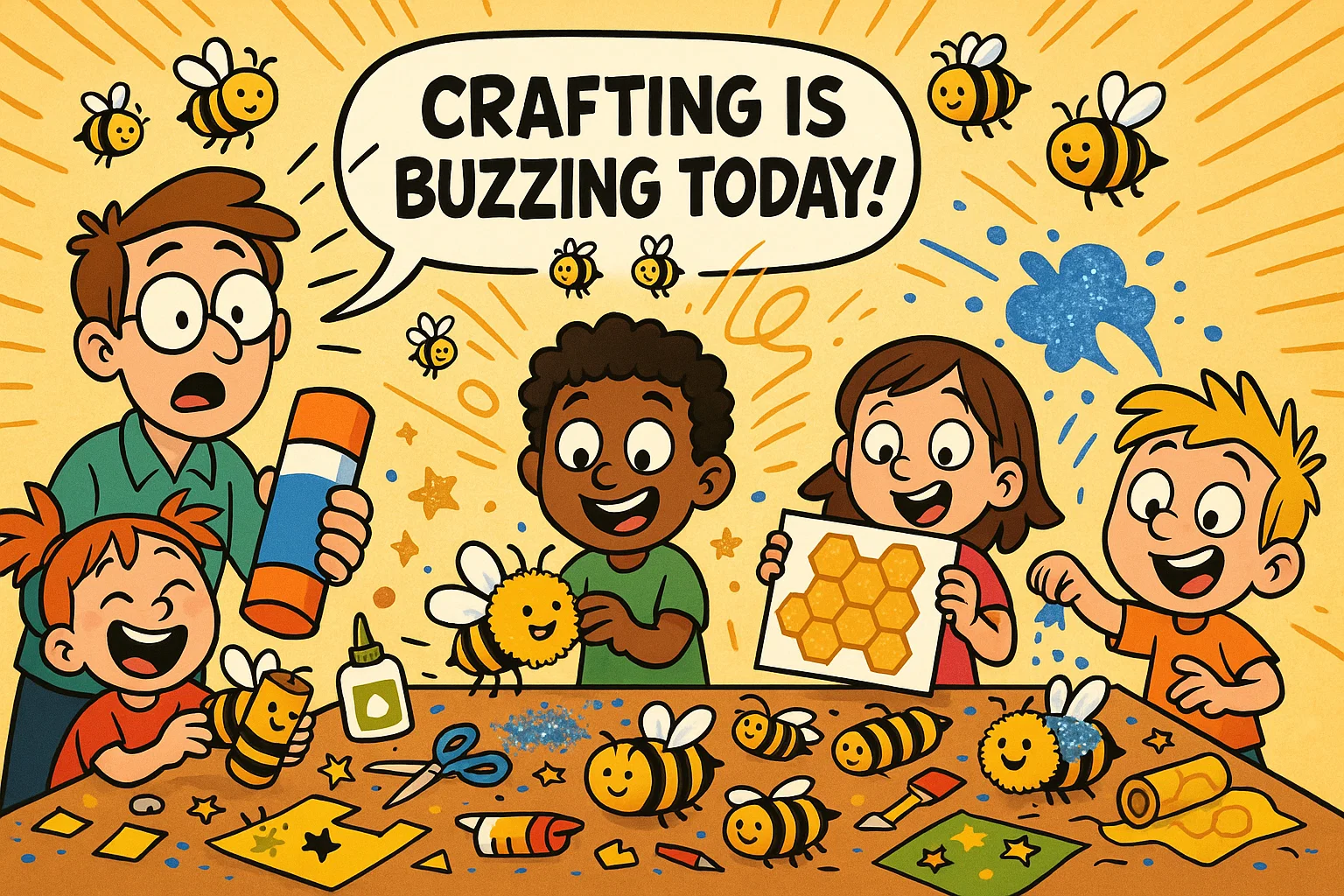 Cartoon bee crafts for kids with paper bees and honeycomb art on a busy craft table.
