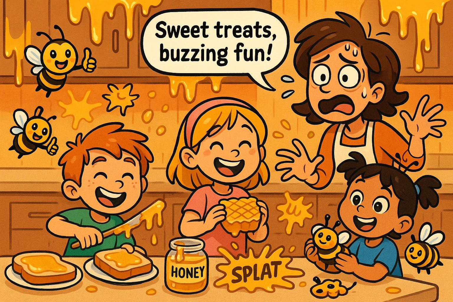 Bee recipes for kids cartoon showing honey snacks and bee themed treats.