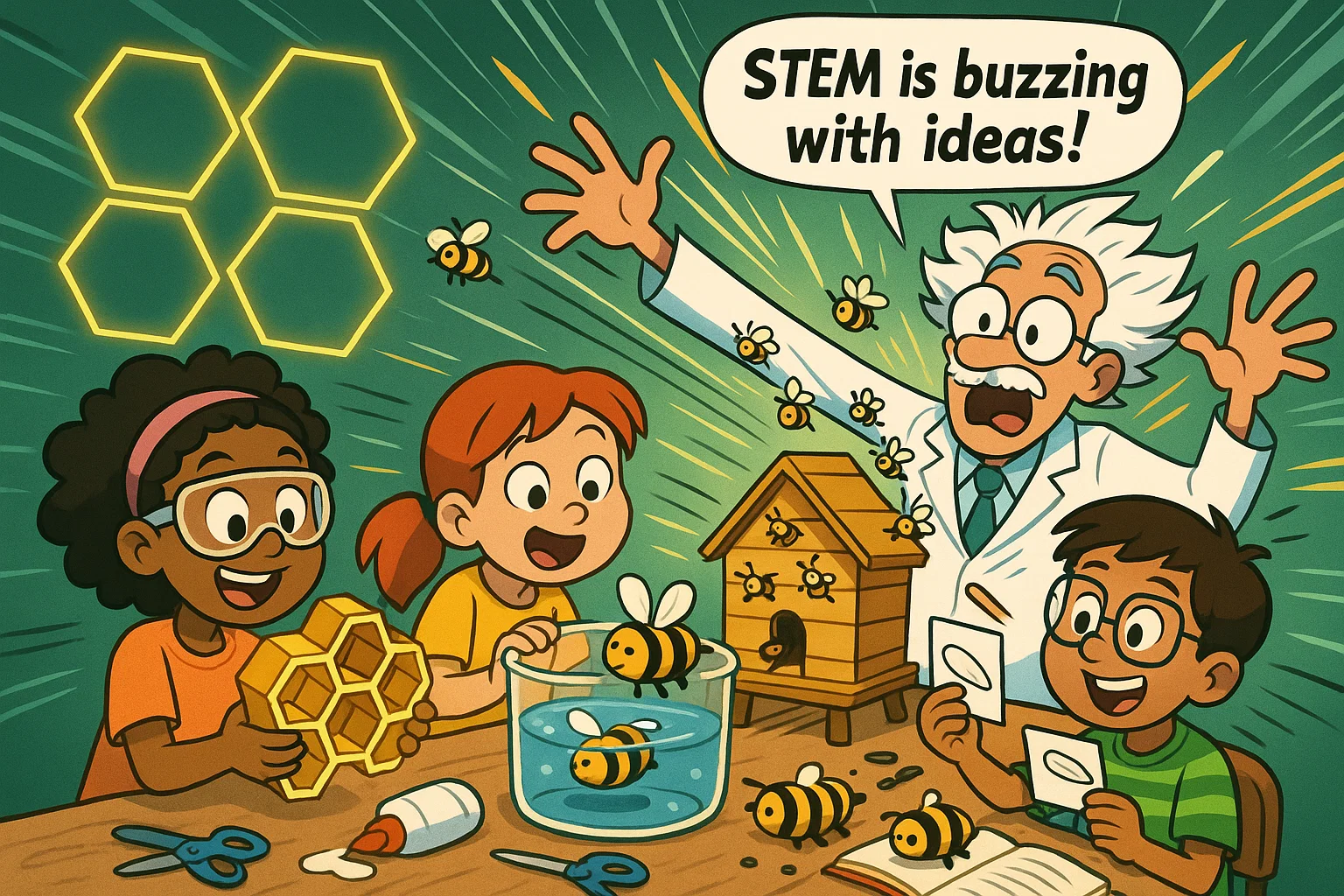 Bee STEM science experiments cartoon with kids testing wings and honeycomb models.
