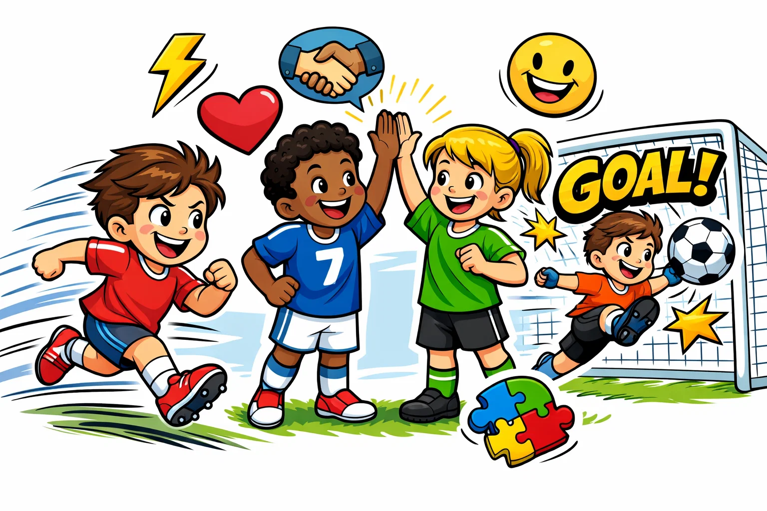 Benefits of football activities showing kids improving fitness and teamwork.
