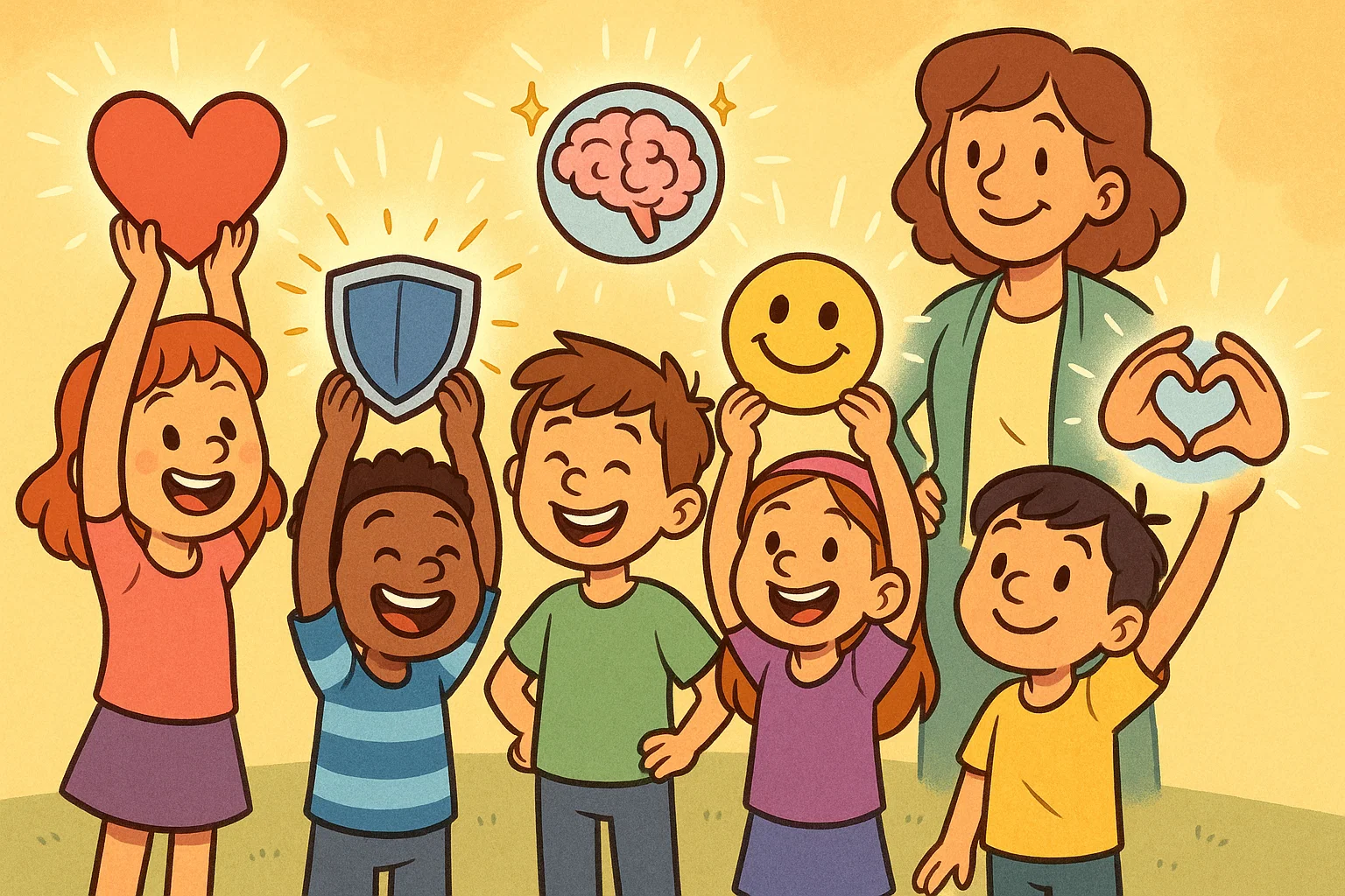 Cartoon kids showing benefits of mental health activities with icons for confidence and focus.