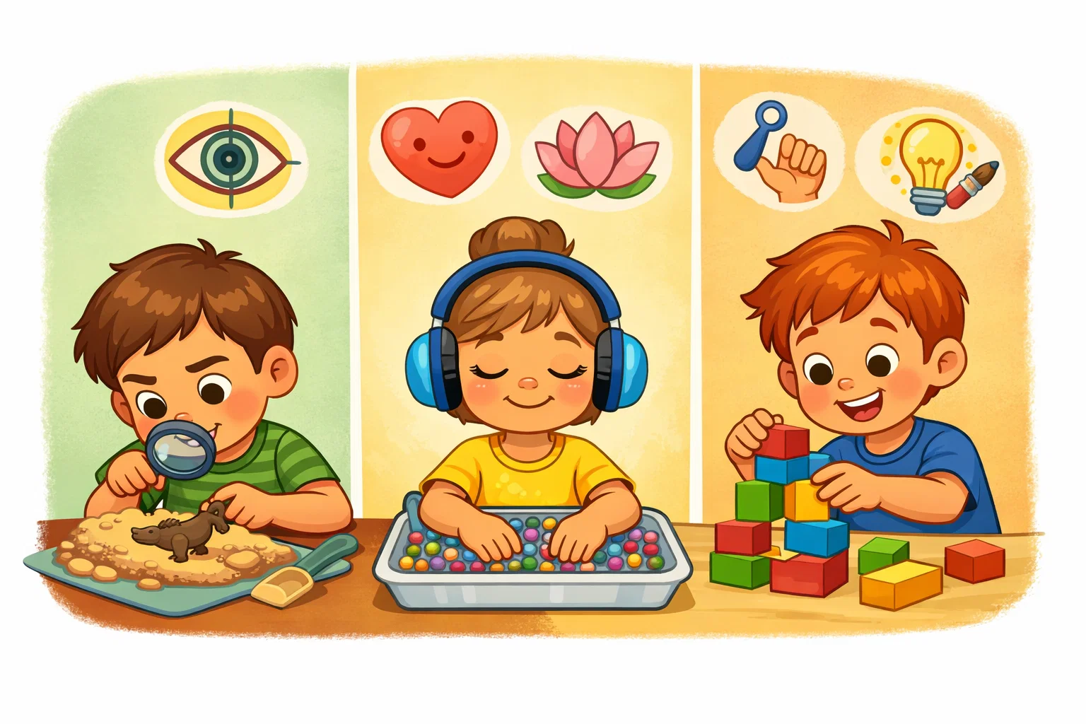  Benefits of sensory activities for kids including focus, calm behavior, and motor skills.
