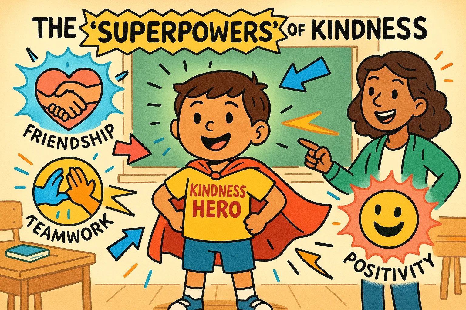  Benefits of teaching kindness to children shown in a colorful cartoon with positive icons.
