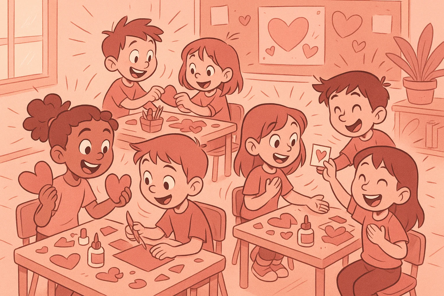 Cartoon benefits of valentines day activities kids working together with heart crafts.