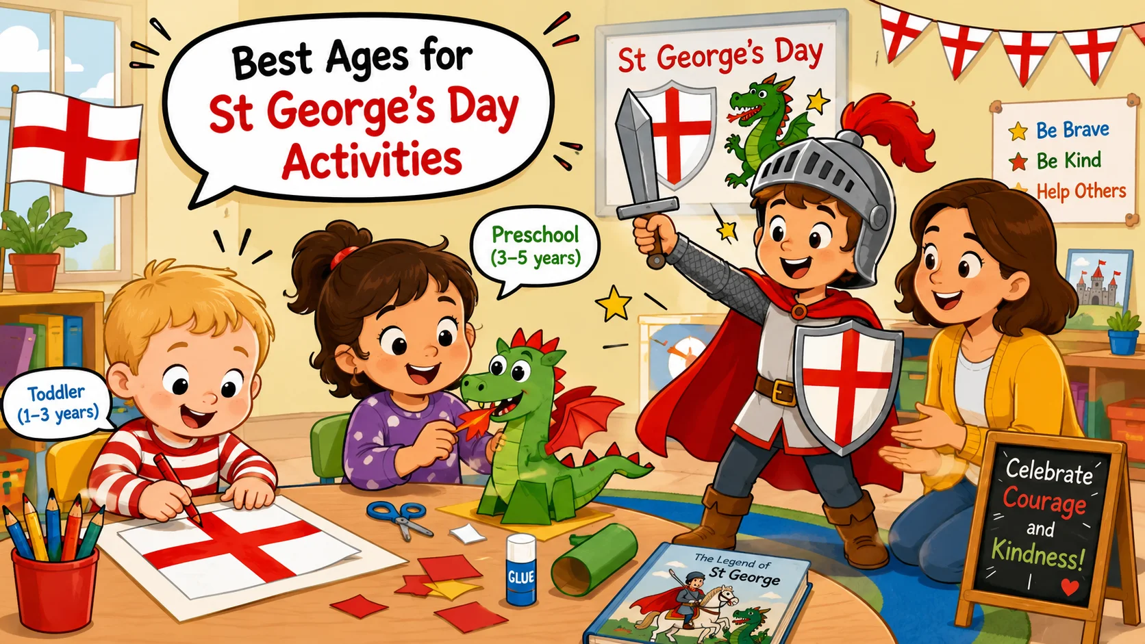 Best ages St George’s Day activities for kids with crafts and knight role play. 
