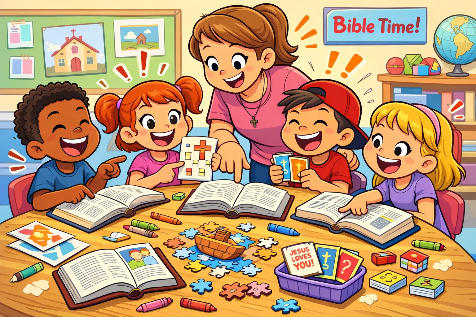 Children taking part in bible activities for kids with games and crafts.