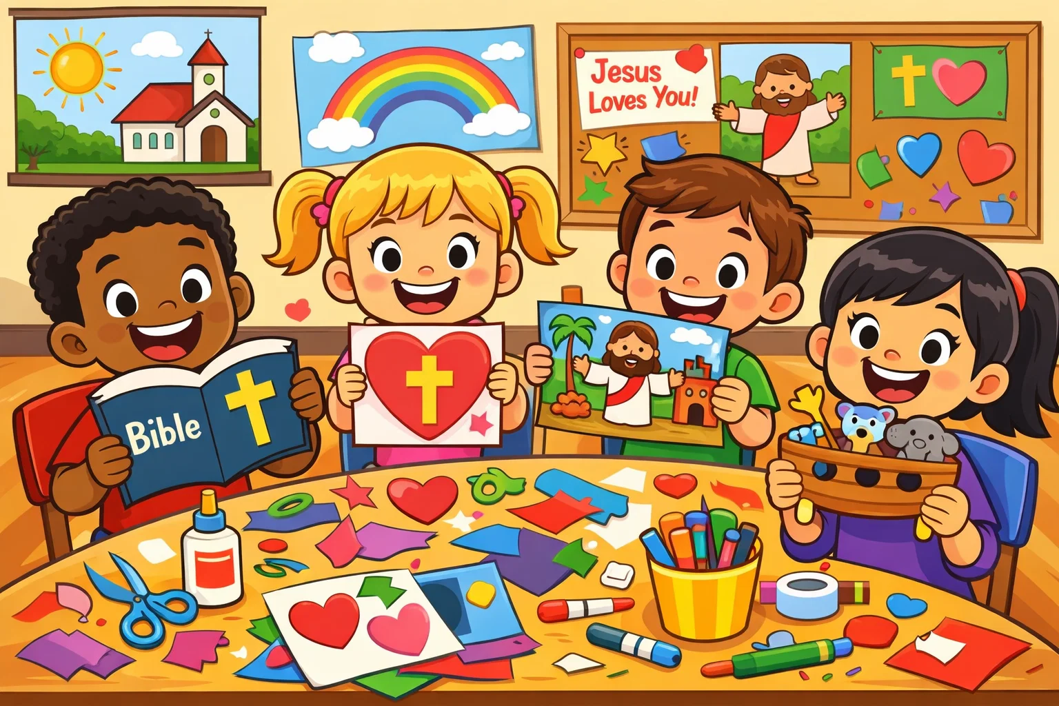  Kids creating bible crafts and hands on activities together.
