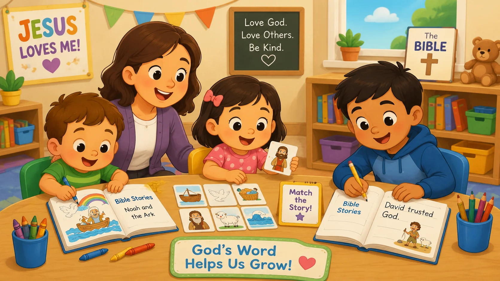 Bible lessons for kids by age group with coloring and matching activities. 
