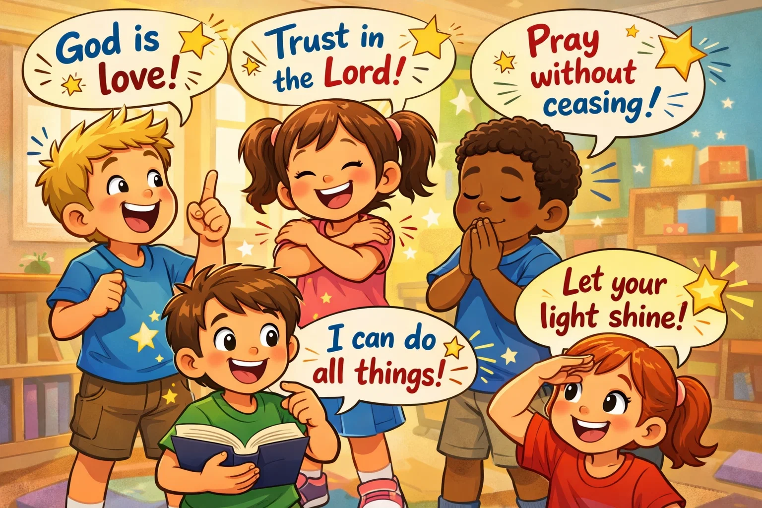 Children doing bible memory verse activities with movement and play.
