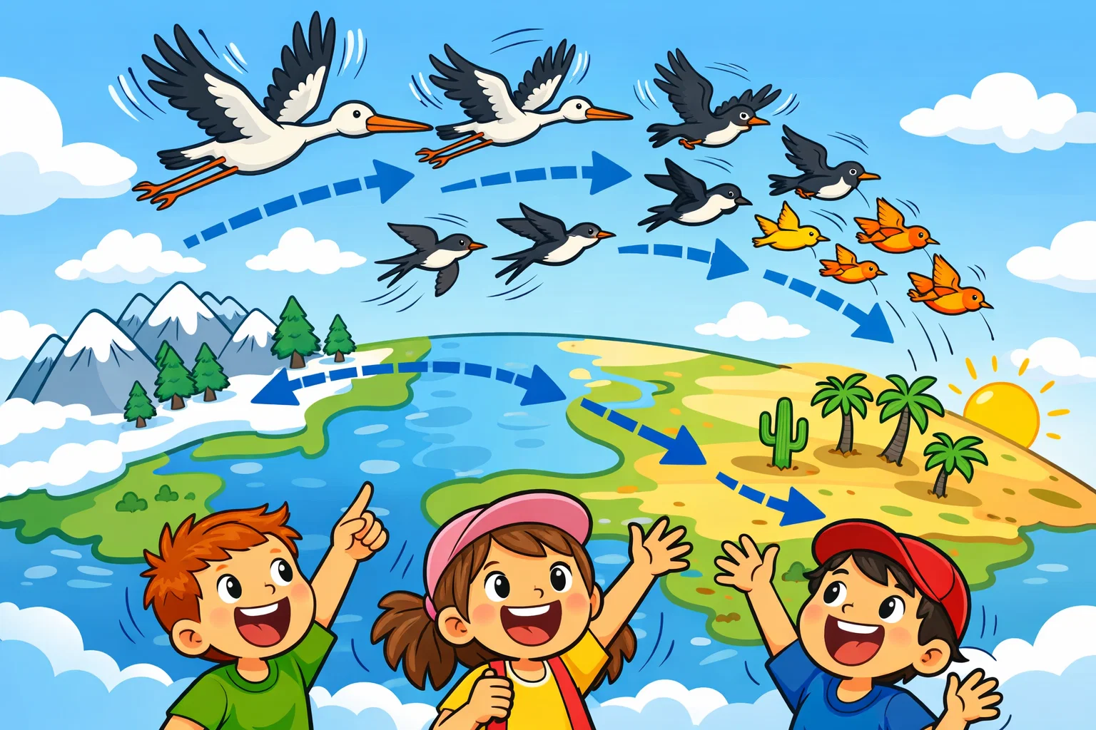 Bird migration for kids showing birds on the move across the sky.
