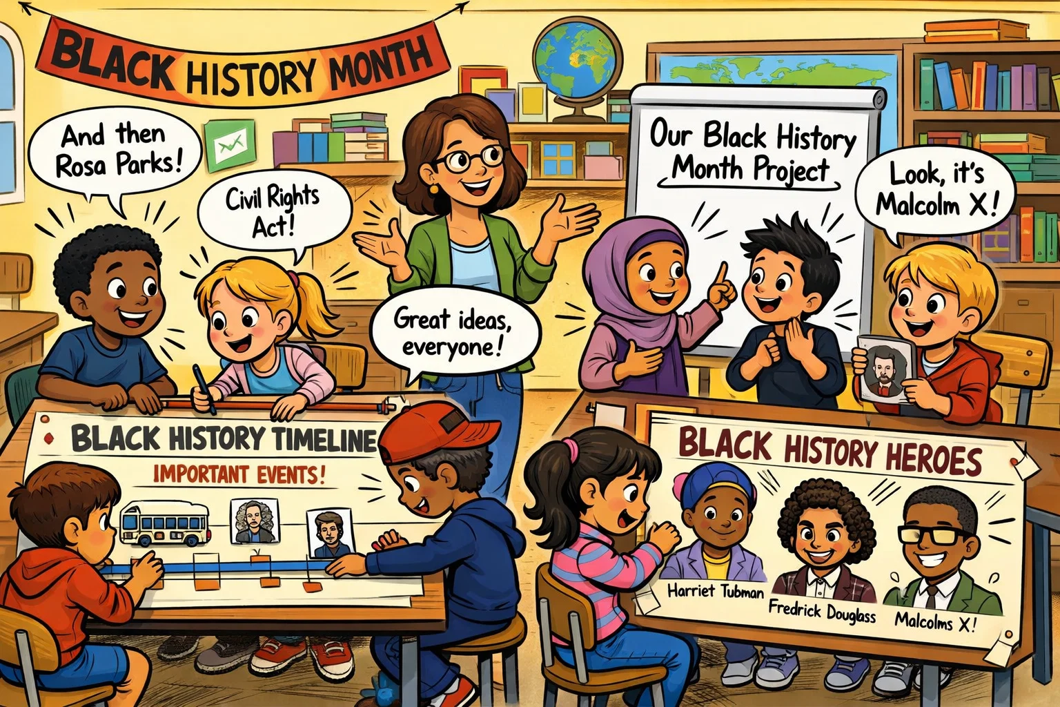 Black History Month activities elementary kids working on school projects.
