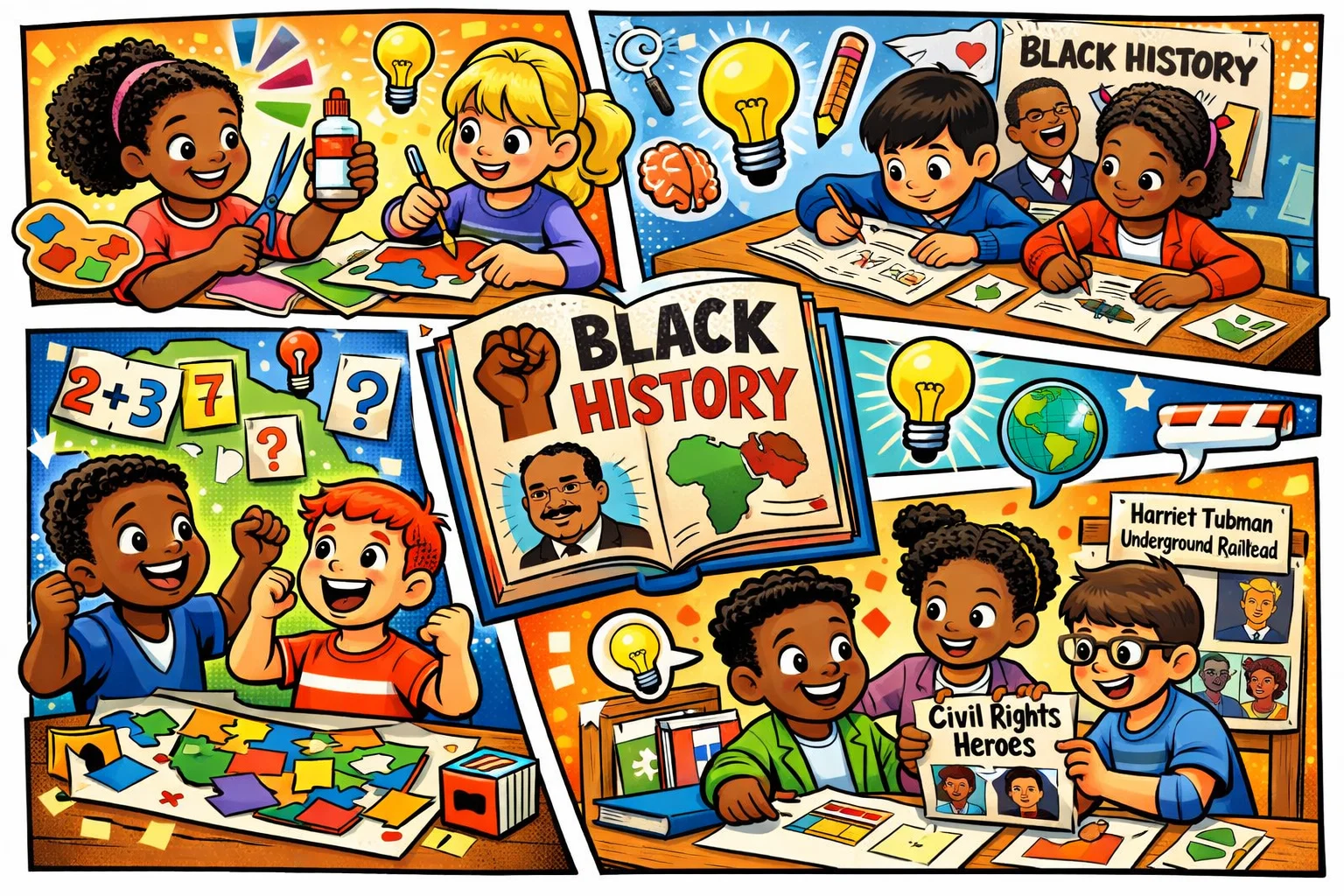 Black History Month activity ideas with kids exploring crafts and learning.
