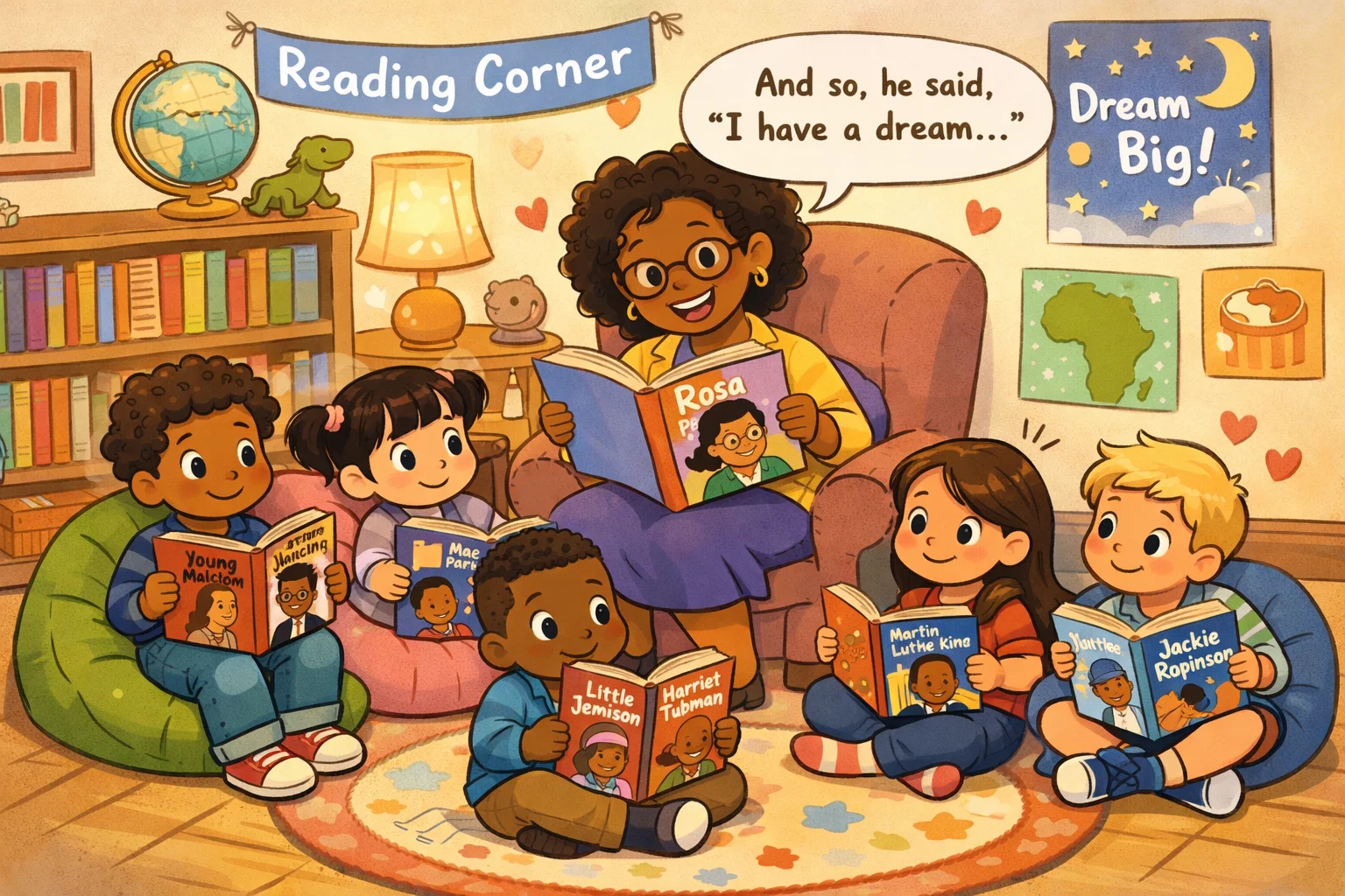 Black History Month books kids reading together in classroom.
