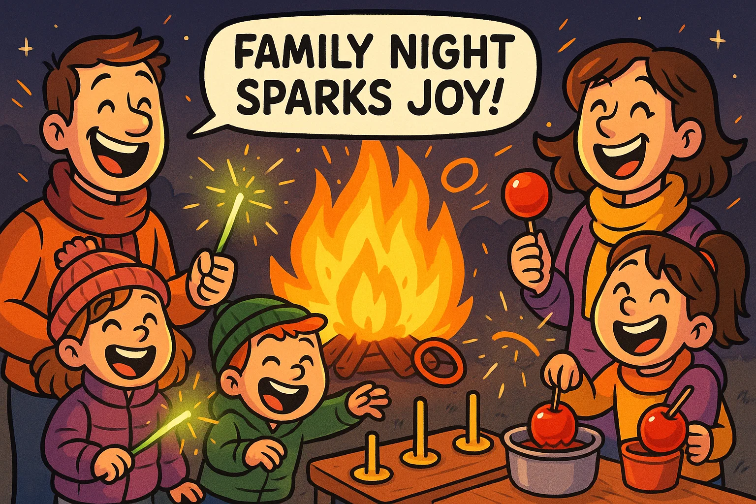 Family enjoying bonfire night activities with glowstick sparklers and playful cartoon elements.
