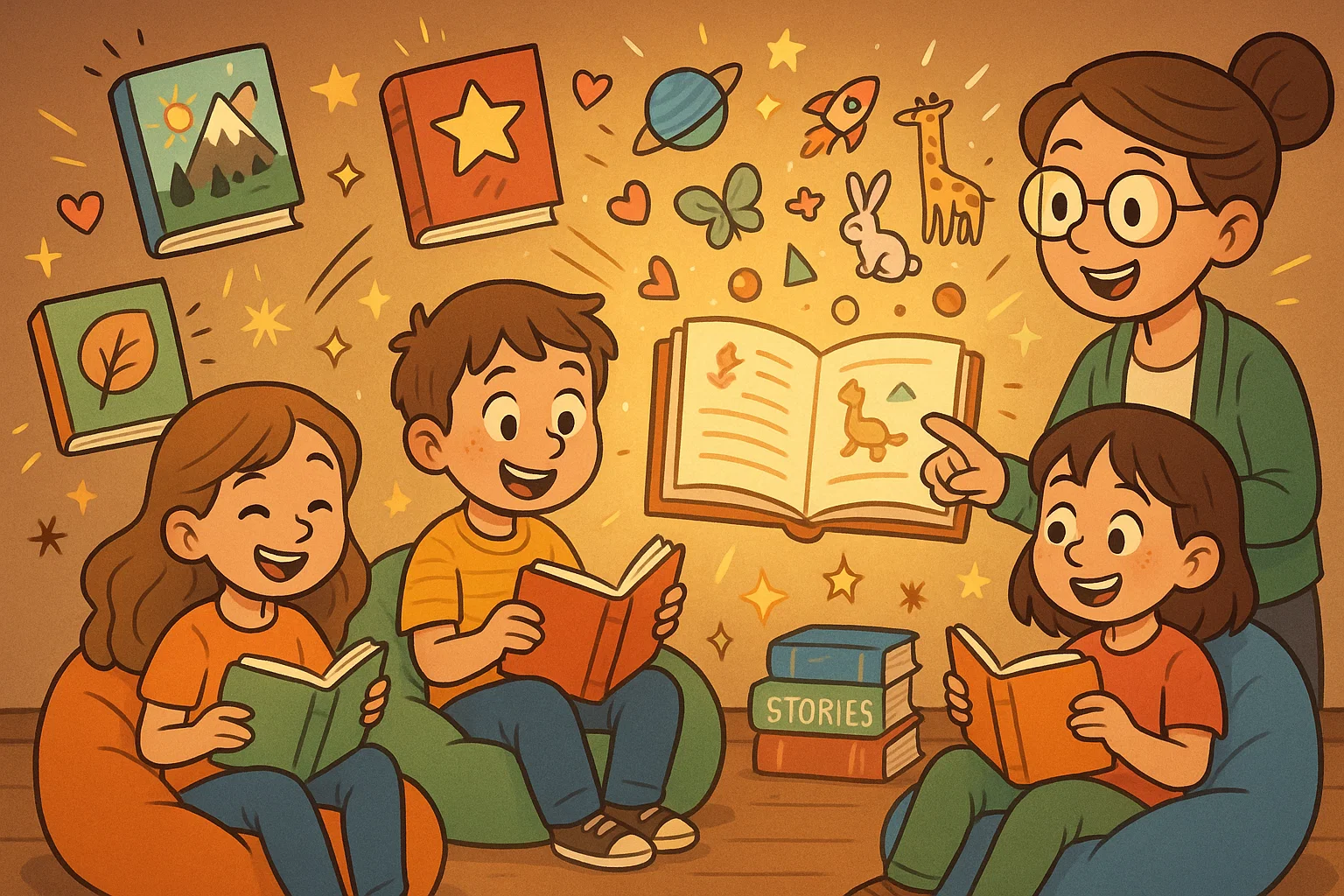 Books for age 11 displayed as kids reading in a bright cartoon corner.