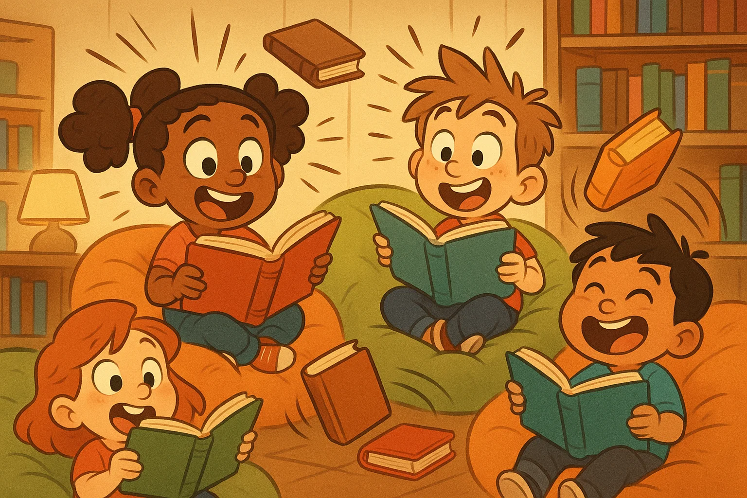 Books for age 8 with cartoon kids reading fun stories.