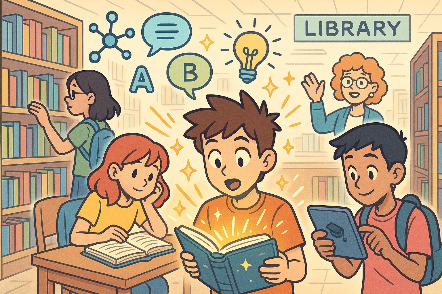 Cartoon teens using books learning resources in a bright library setting.