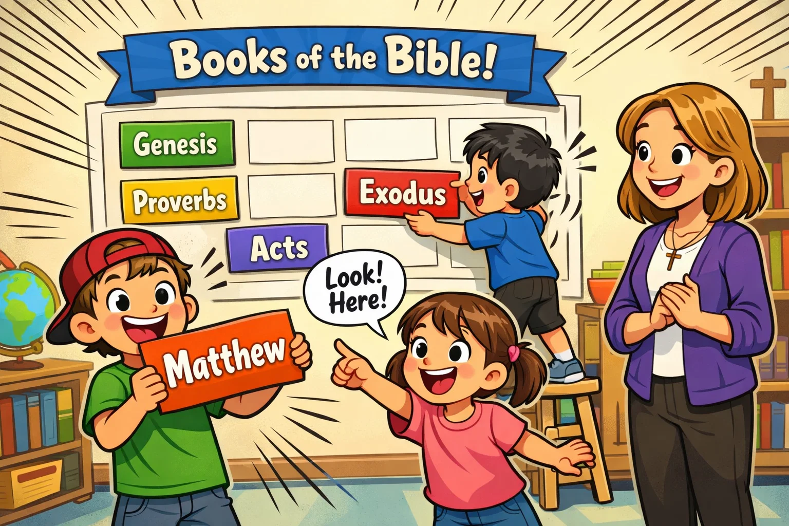 Kids playing books of the bible activities with cards and charts.
