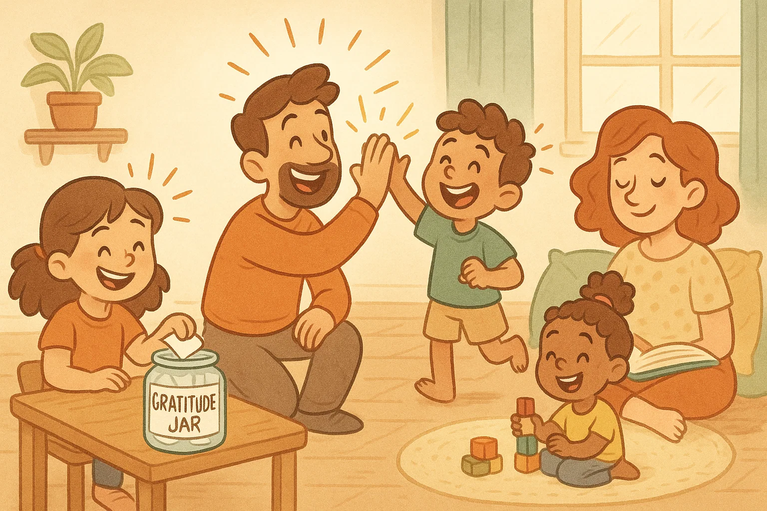 Family boosting child wellbeing at home through calm routines and playful activities.
