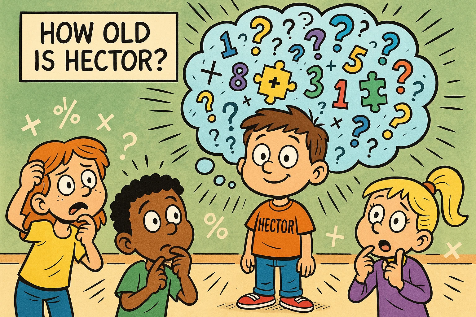 Brain training how old is Hector puzzle shown as a cartoon kids solving math clues.