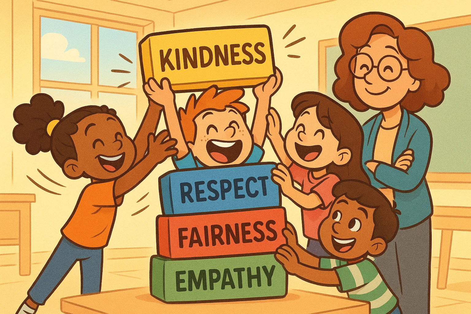 Kids building blocks of decency during character activities with kindness and respect focus.