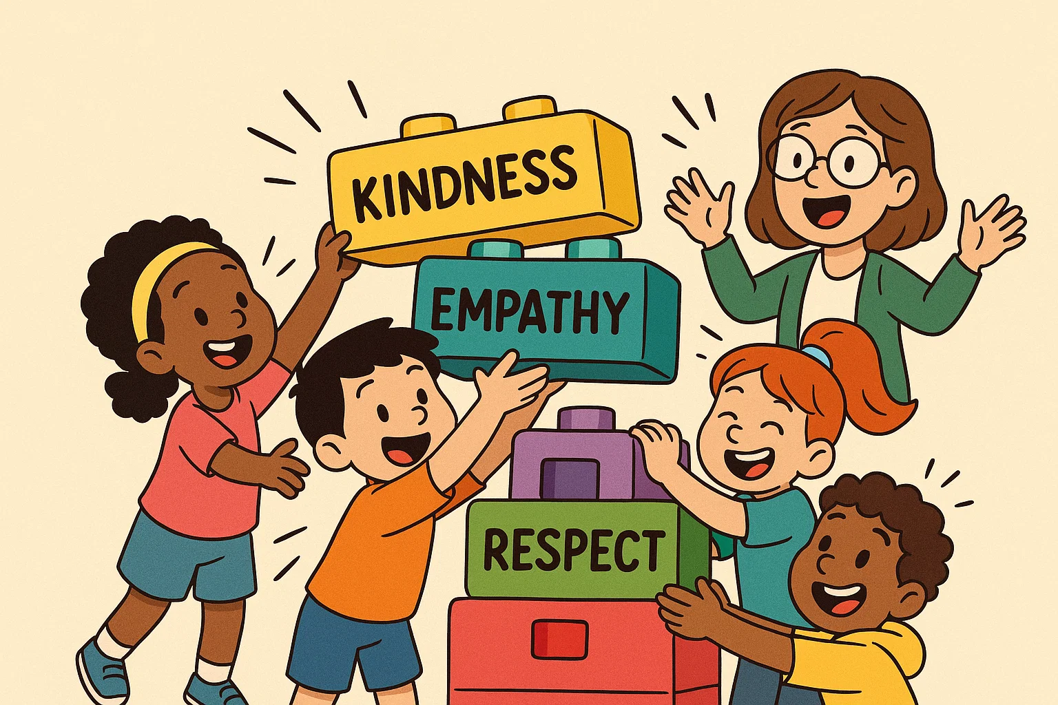 Children are building blocks of decency and life skills in a playful cartoon scene.