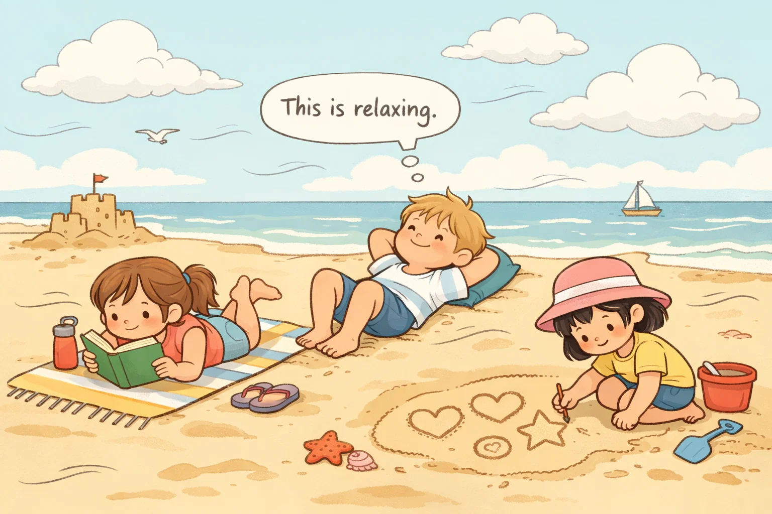 Calm and relaxed beach activities for kids reading, resting, and drawing in sand.