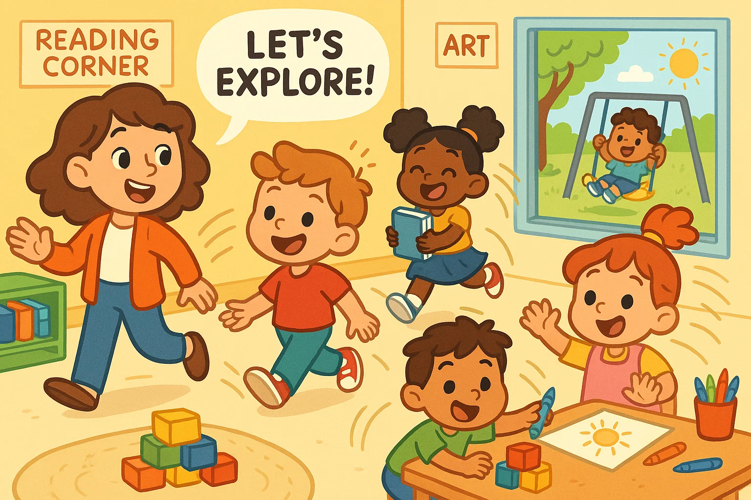 Cartoon of Cambridge Early Years activities with children exploring playful learning zones.