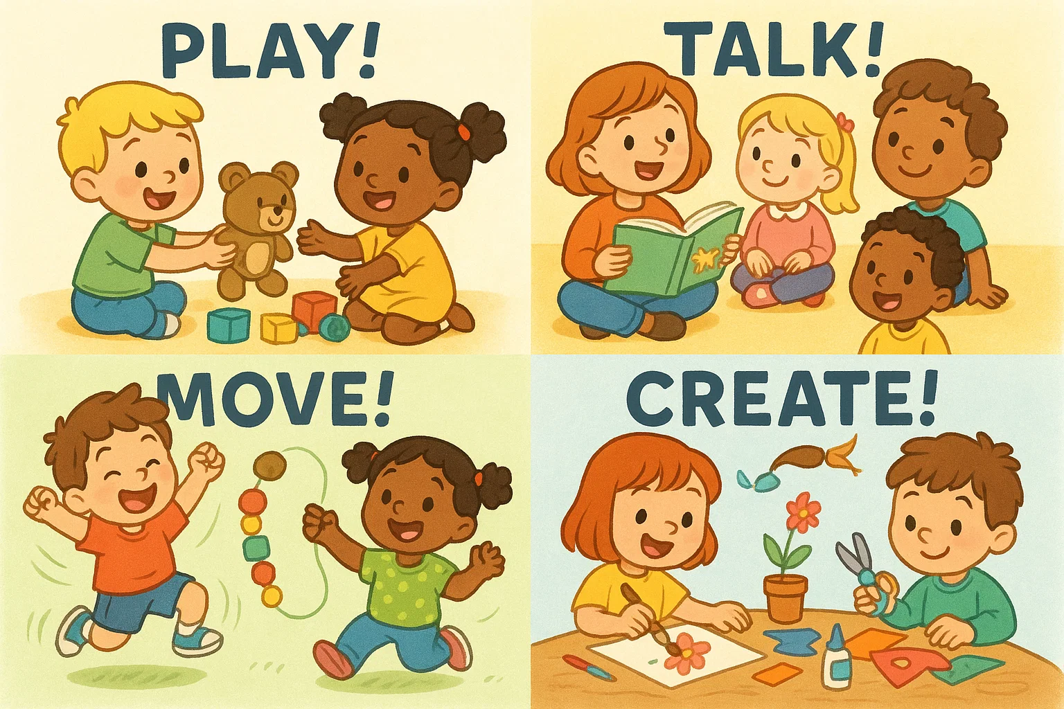 Cartoon of Cambridge Early Years activity categories including play, art and literacy.
