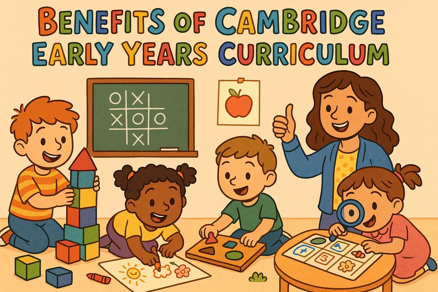 Children engaged in creative play, highlighting the benefits of the Cambridge Early Years Curriculum.
