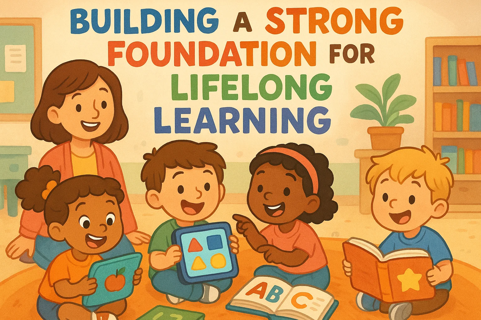 Children exploring the Cambridge Early Years Curriculum with tablets and books, in a vibrant classroom setting.