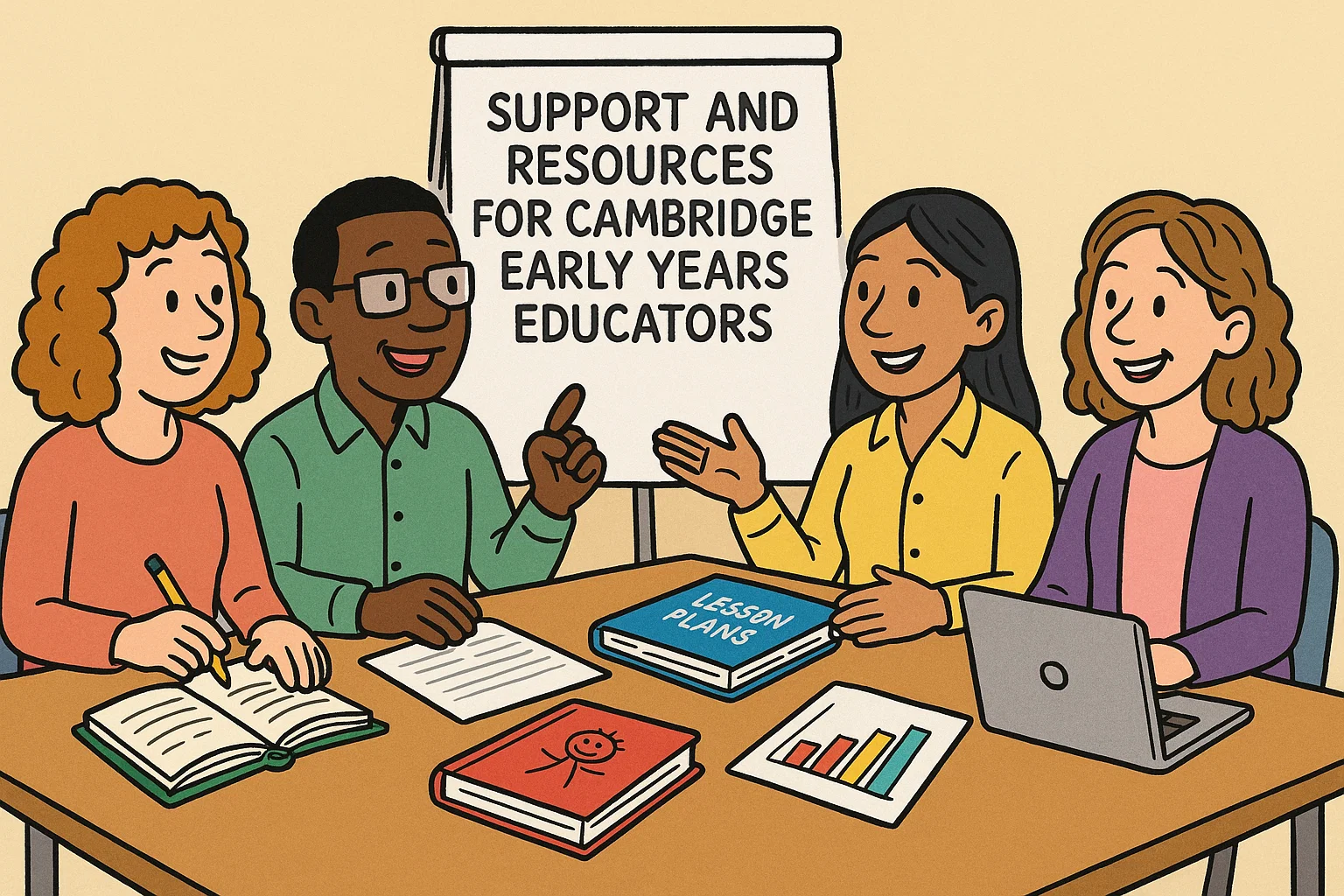 Teachers engaging in professional development with resources for the Cambridge Early Years Curriculum.
