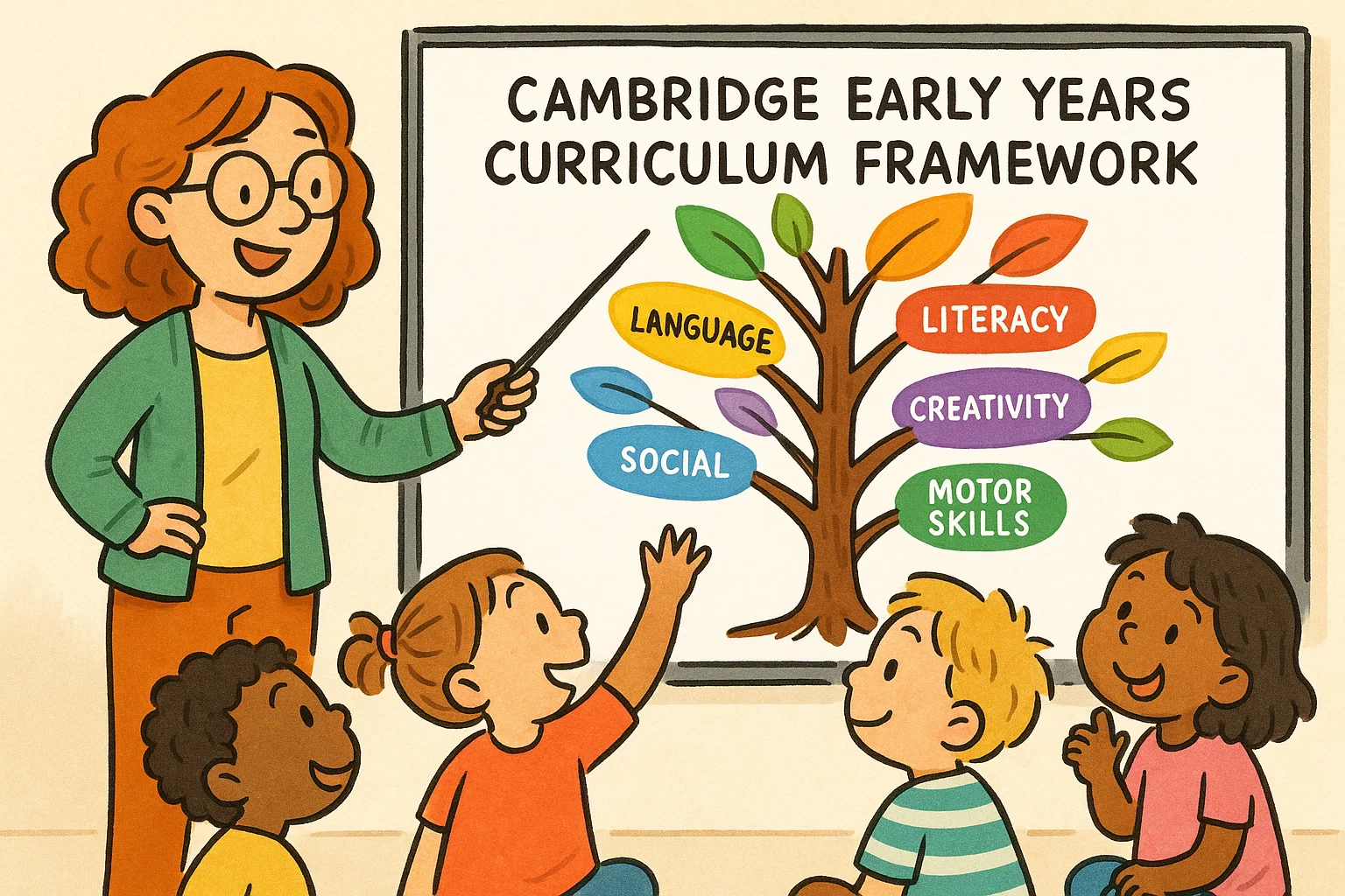 Teacher explaining the Cambridge Early Years Curriculum framework to children in a classroom setting.
