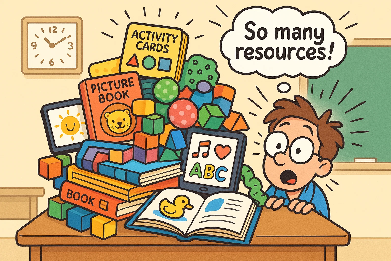 Cartoon of Cambridge Early Years learning resources for early childhood activities.
