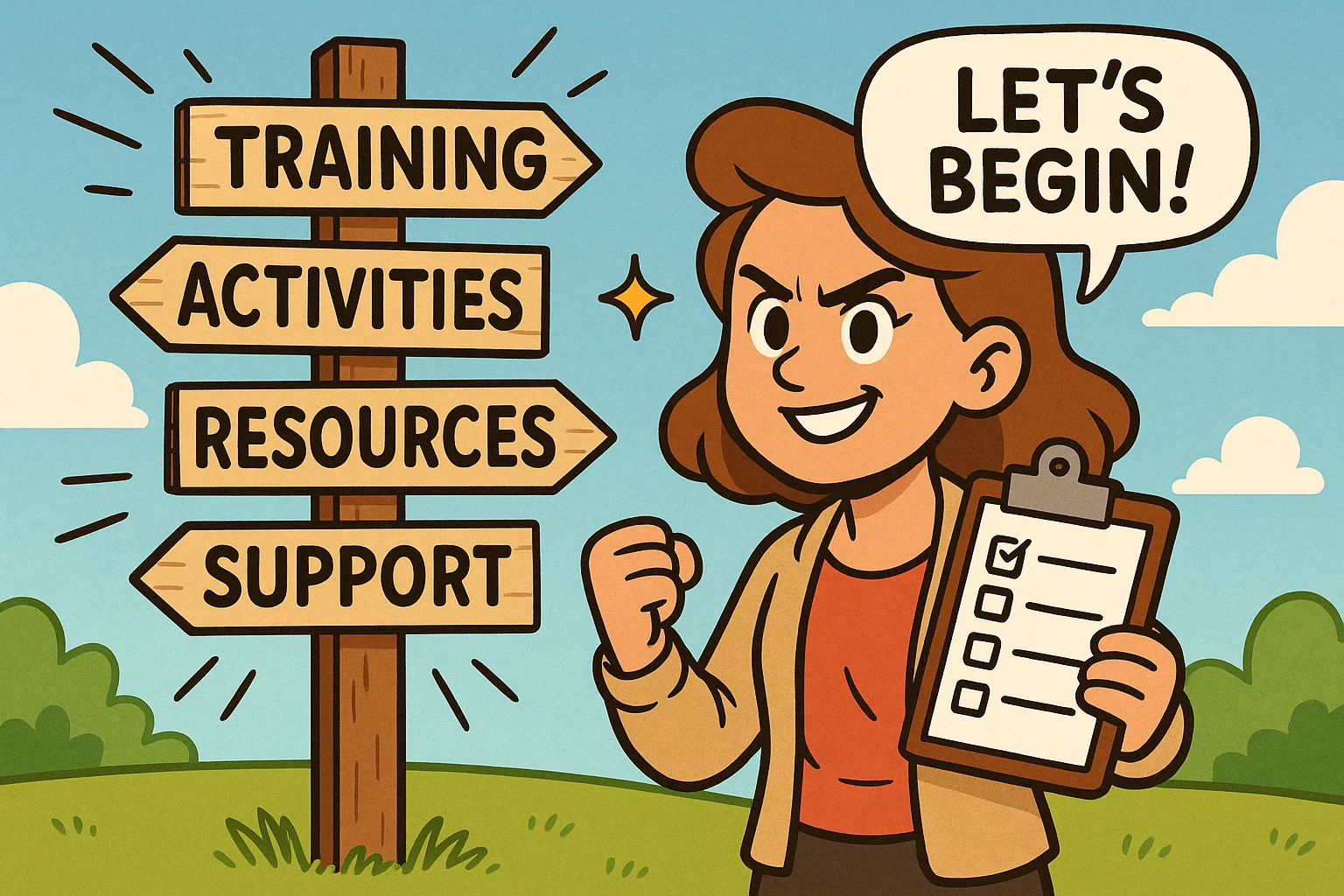  Cartoon of Cambridge Early Years next steps with checklist and direction signs.
