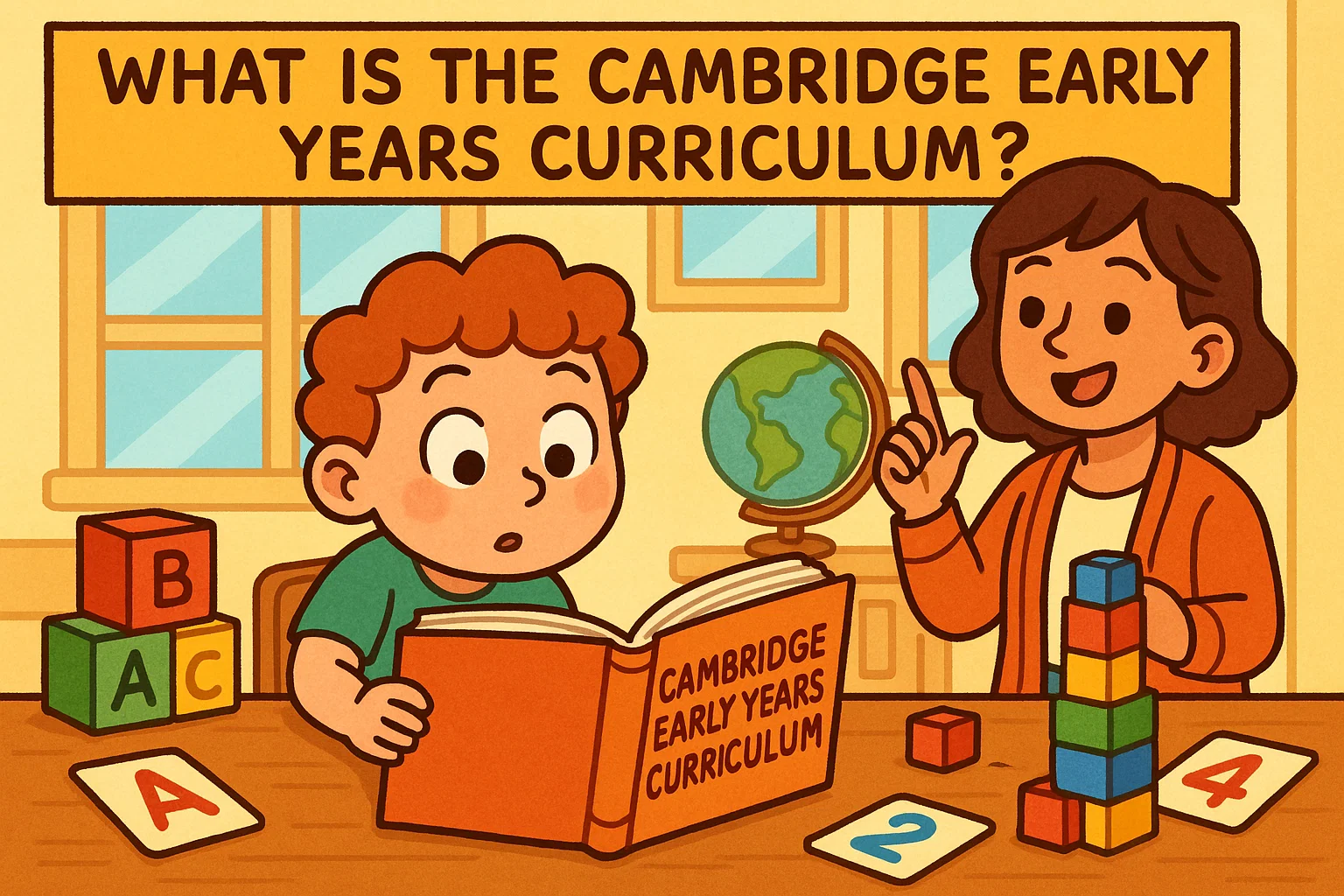 Child learning with the Cambridge Early Years Curriculum book in a colorful classroom setting