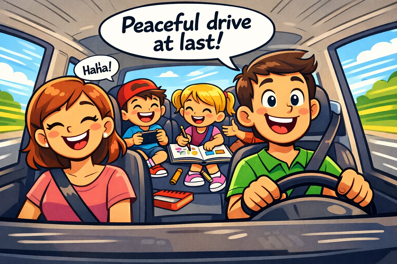 Car activities for kids during family travel with happy children in the back seat.