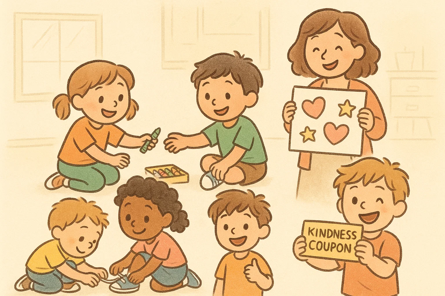 Character building social development kindergarteners practicing kindness and teamwork.