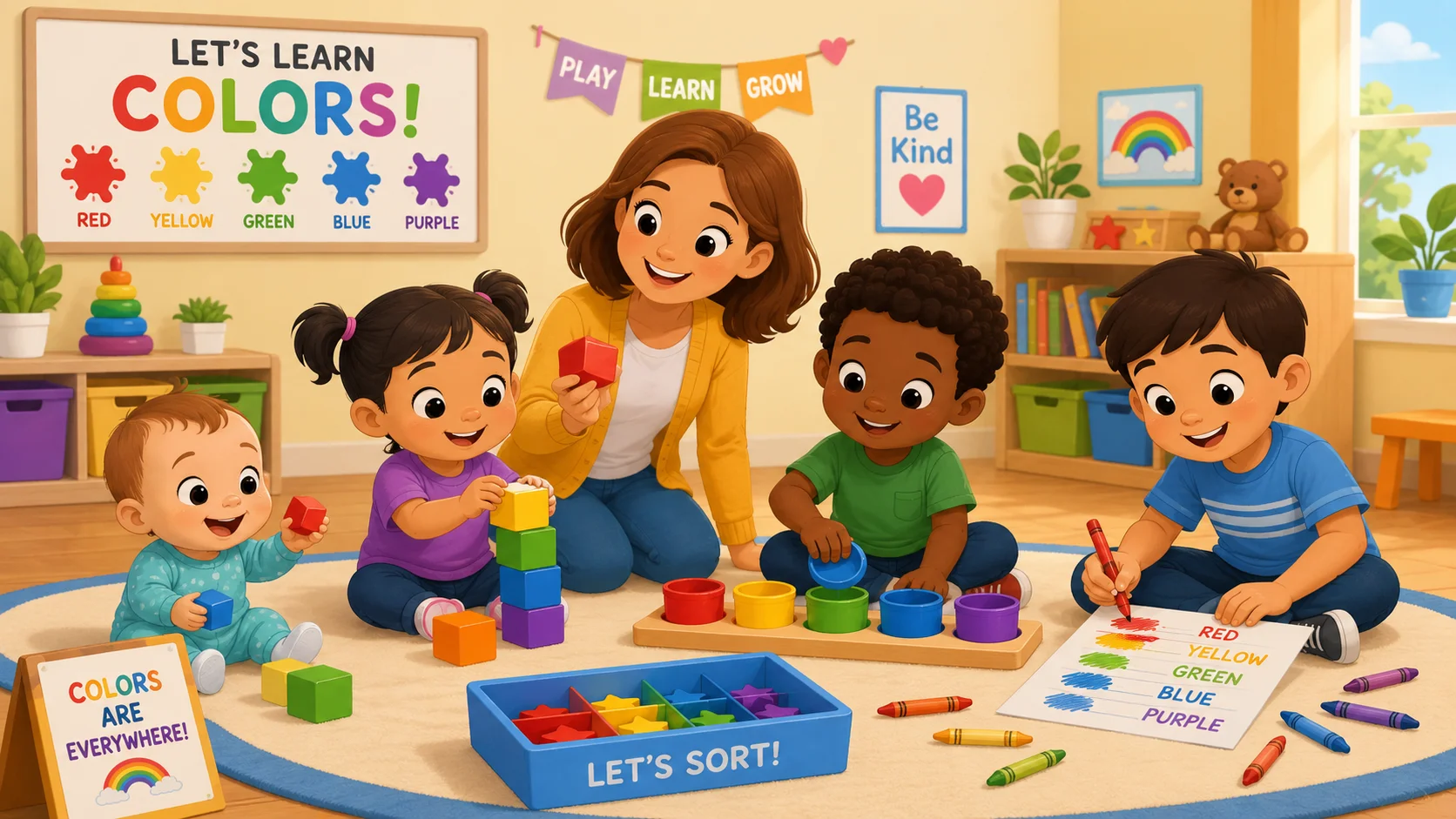 Children learning colors together with blocks, crayons, and sorting toys. 
