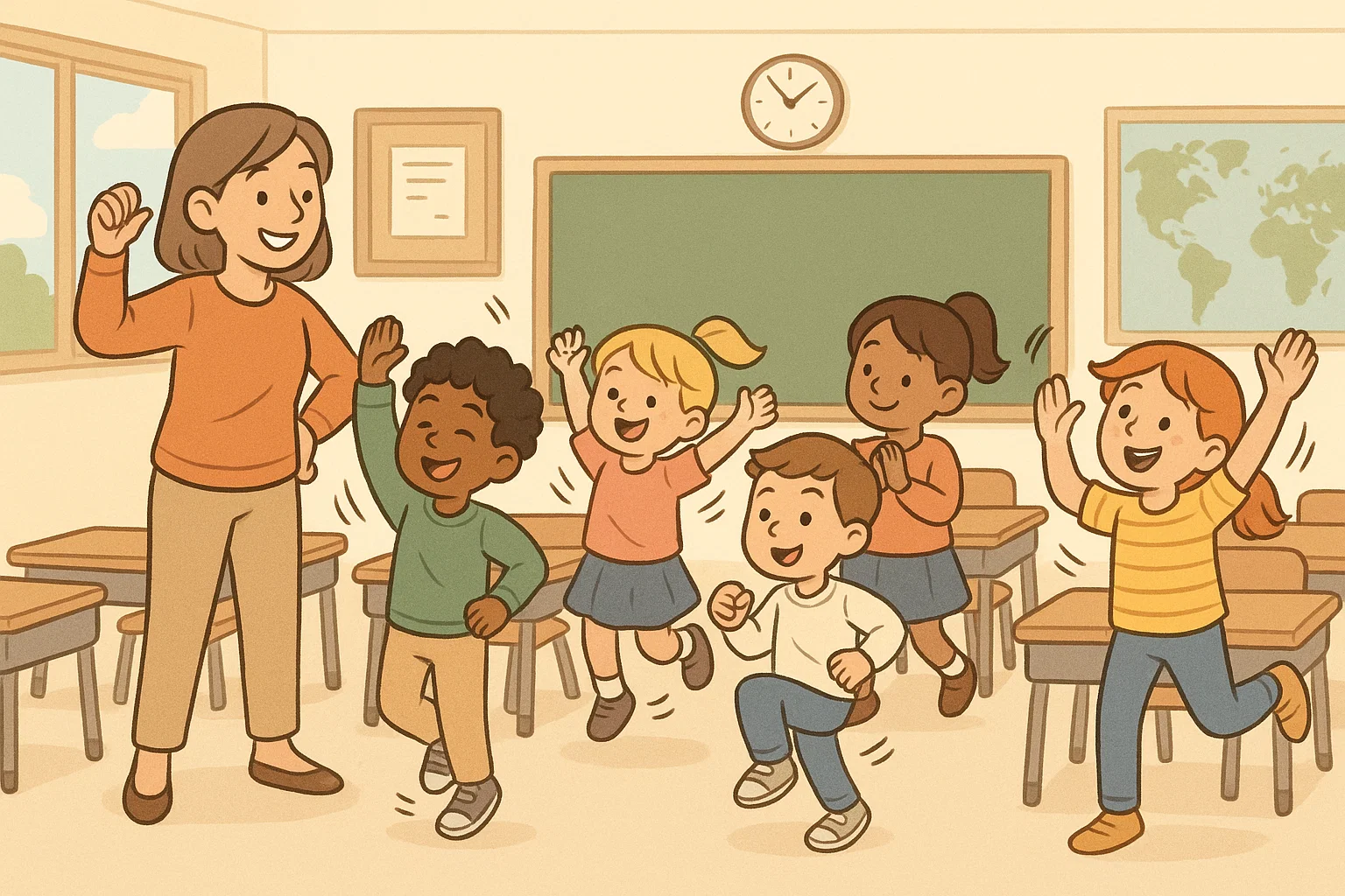 Classroom gross motor activities with kids stretching and moving beside desks.
