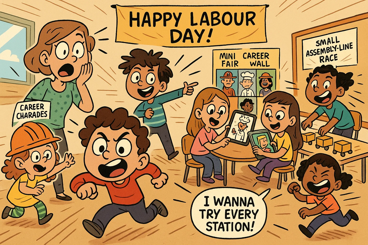Classroom labour day activity ideas shown with kids at lively learning stations.