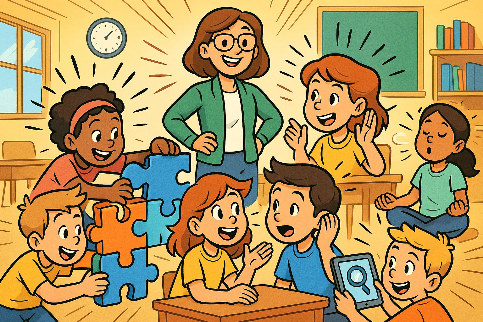 Classroom life skills group activities shown in an engaging cartoon classroom.