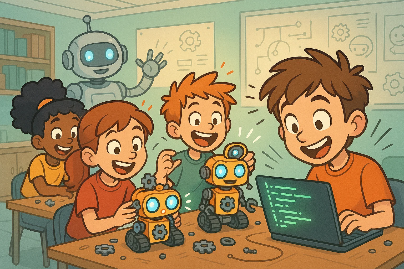 Coding and robotics for 12 year olds illustrated with robots and coding screens.

