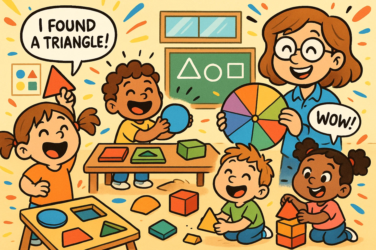 Cartoon toddlers in colors shapes toddler learning classroom with playful activities.